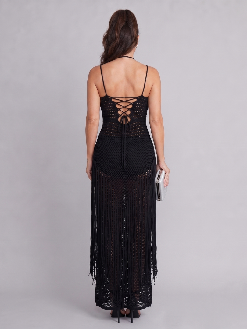 Zéphyrine | Gehäkeltes Neckholder-Maxikleid mit Fransen