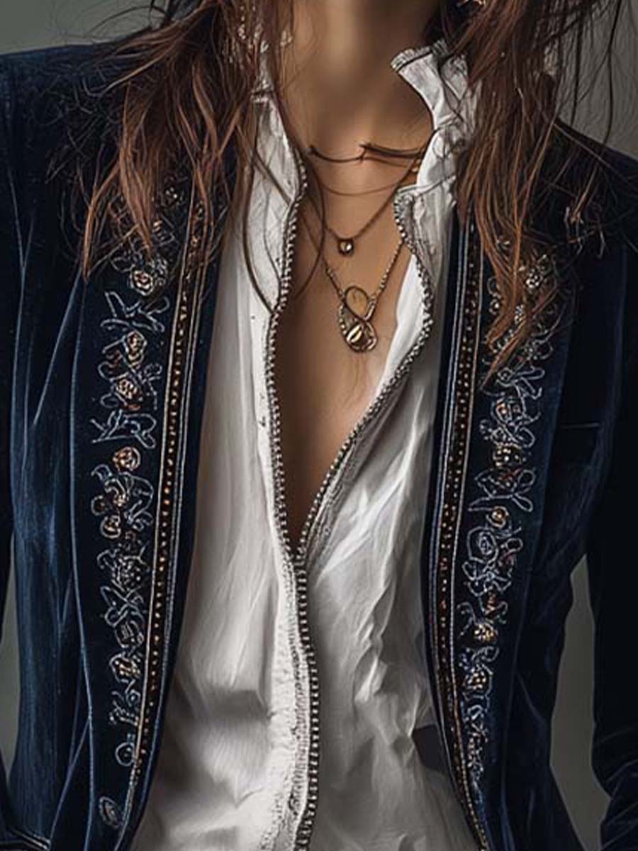 Damen Vintage-Longline-Jacke in Marineblau mit Stickerei
