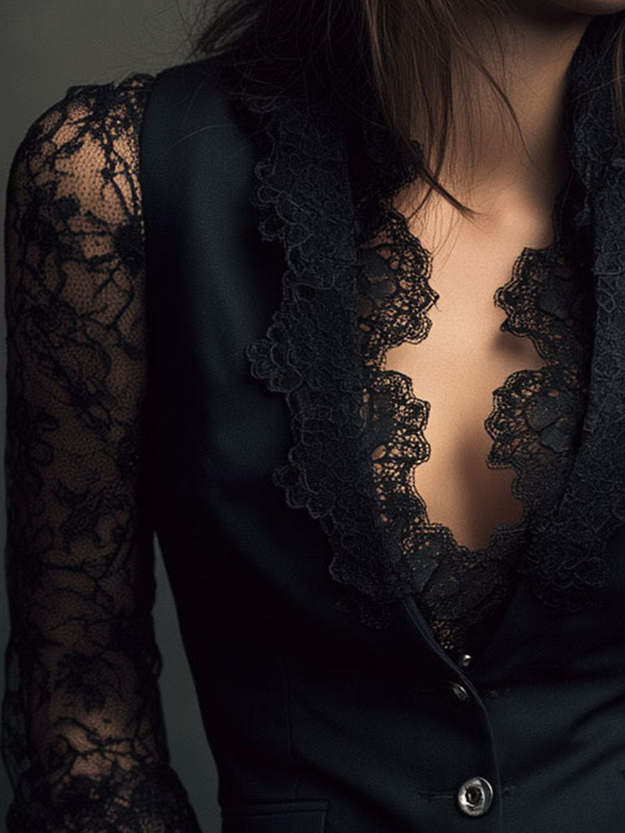 Noémie | Schwarzes Blazer-Oberteil mit halbtransparenten Ärmeln