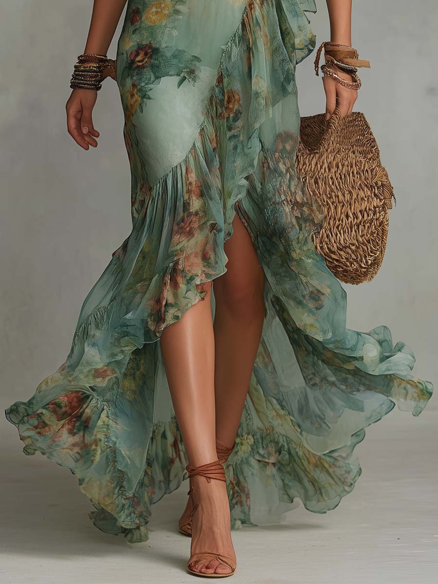 Aurora - langes Boho-Blumenkleid mit romantischem, asymmetrischem Saum