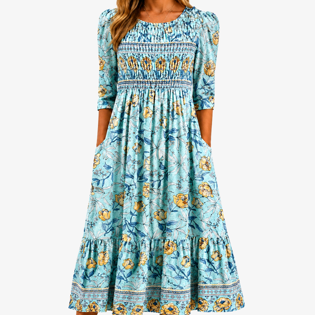 Goldene Blüten Gesmoktes Garten-Midikleid