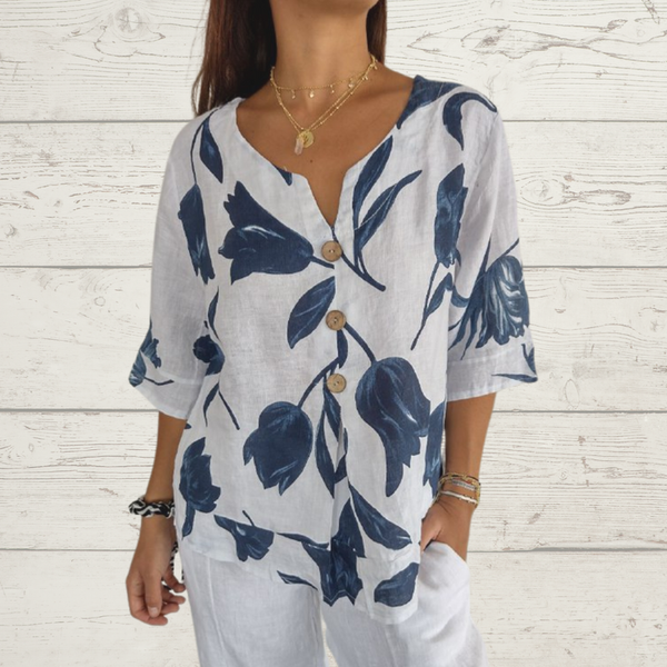 Despoina – Elegantes Blumentop mit Knöpfen