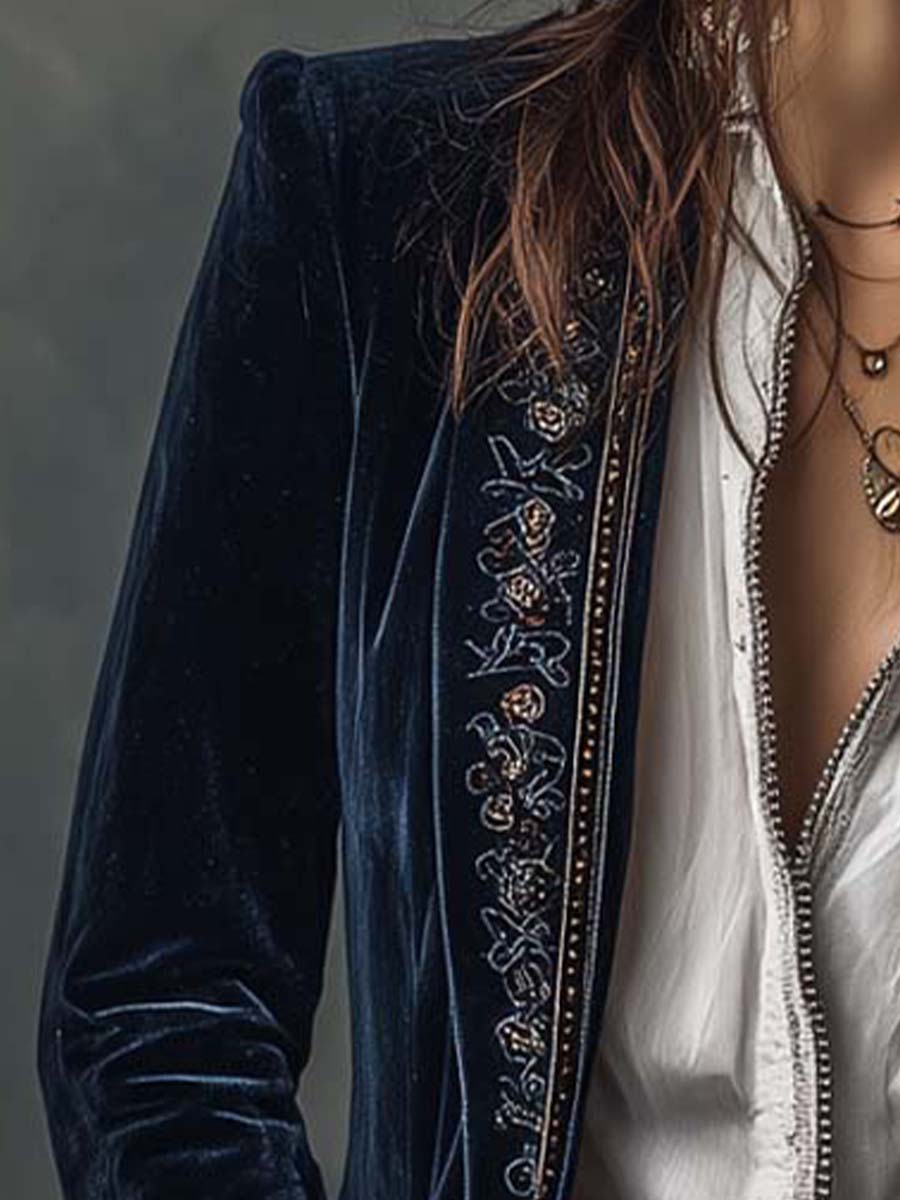Damen Vintage-Longline-Jacke in Marineblau mit Stickerei
