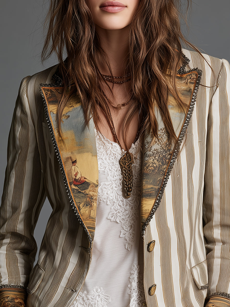 Damen Boho-Blazer mit Streifenmuster und bedrucktem Revers