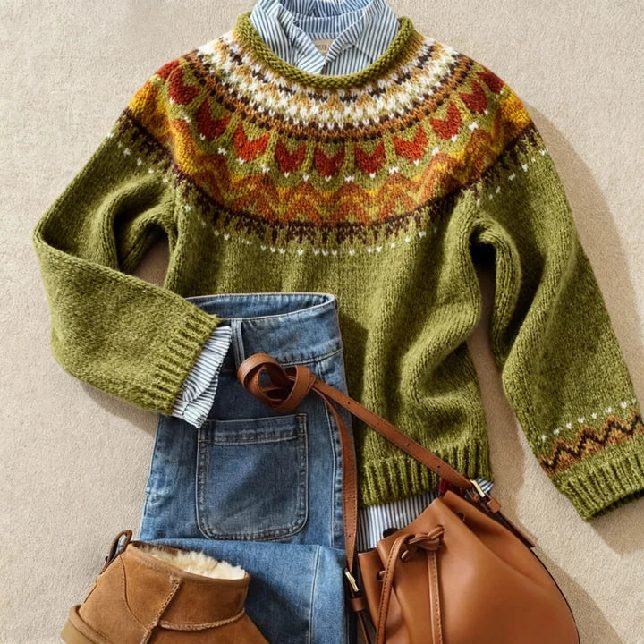 Adèle | Jacquard-Strickpullover in Olivgrün