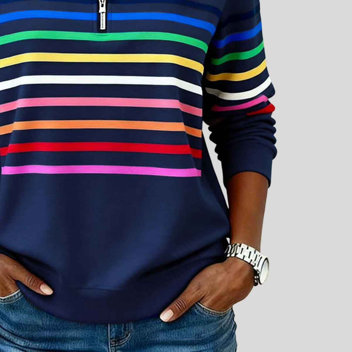 Prismette™ | Bunt gestreiftes Sweatshirt mit Viertelreißverschluss