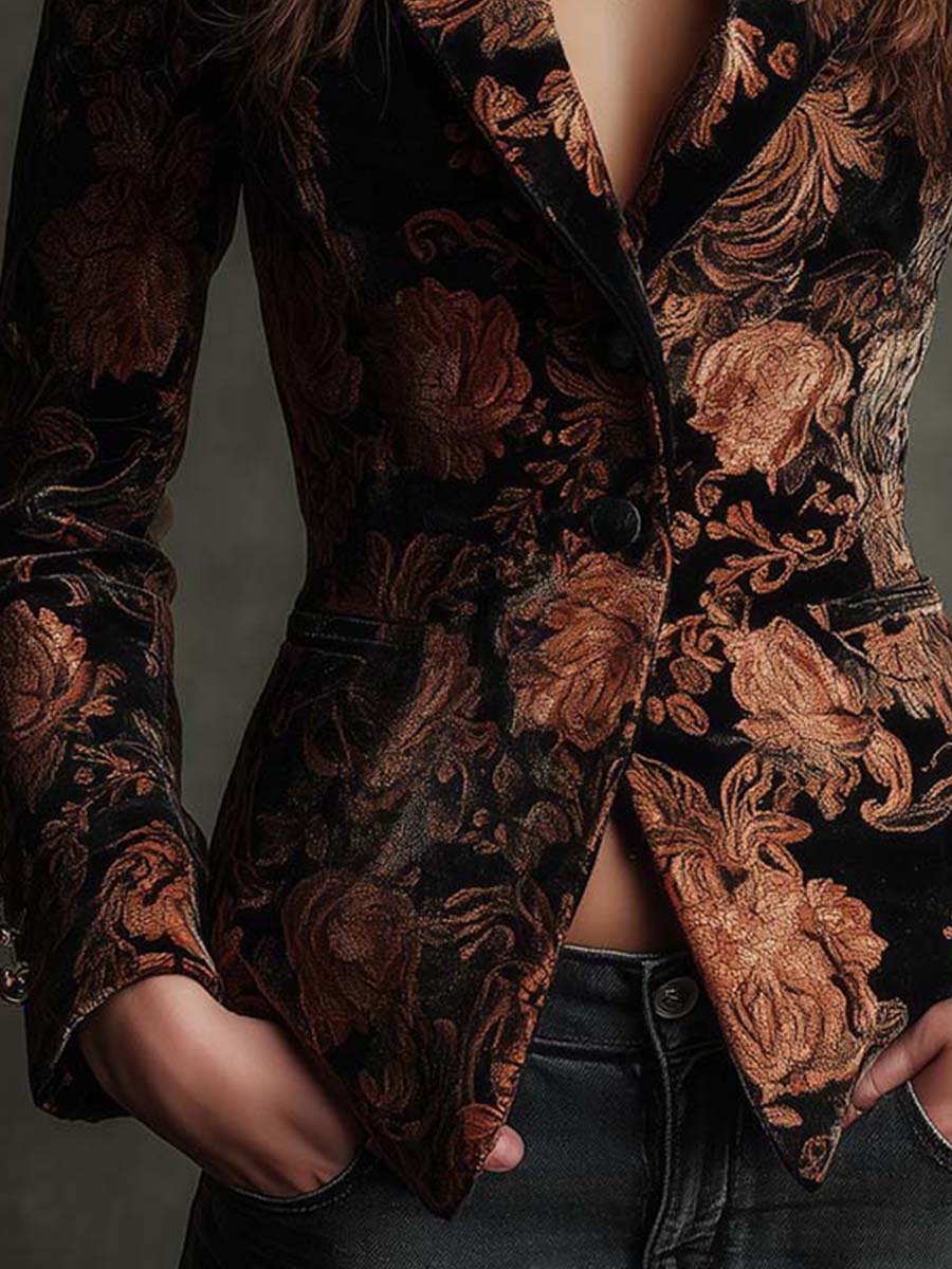 Damen Taillierter Blazer in Schwarz und Bronze mit Blumenmuster