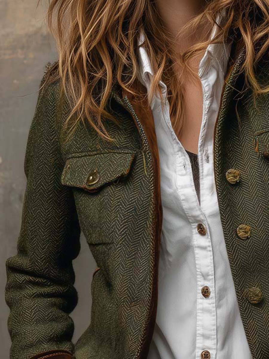 Damen Vintage-Blazer mit Fischgrätmuster und Kontrastbesatz