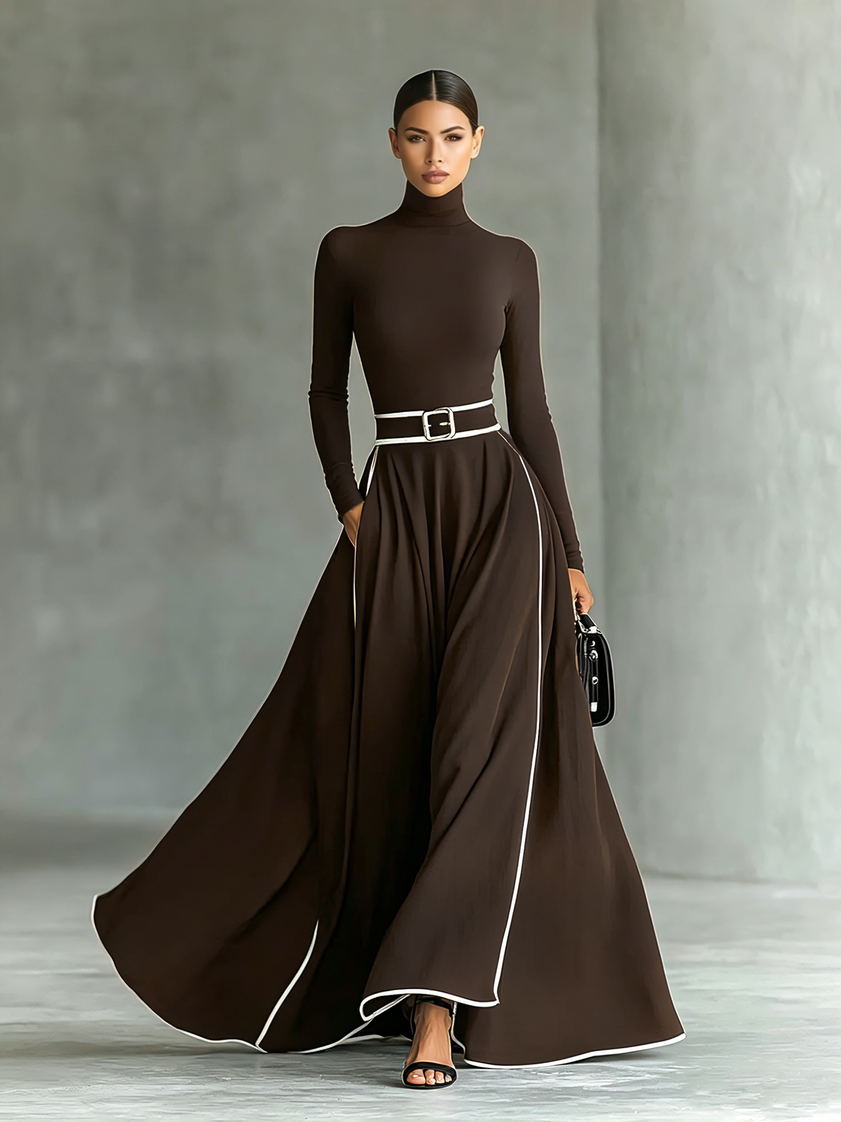 Colette | Schwarzes Damen-Maxikleid mit weißen Nähten, Stehkragen, langen Ärmeln und taillierter Passform