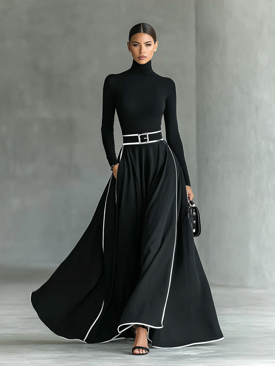Colette | Schwarzes Damen-Maxikleid mit weißen Nähten, Stehkragen, langen Ärmeln und taillierter Passform