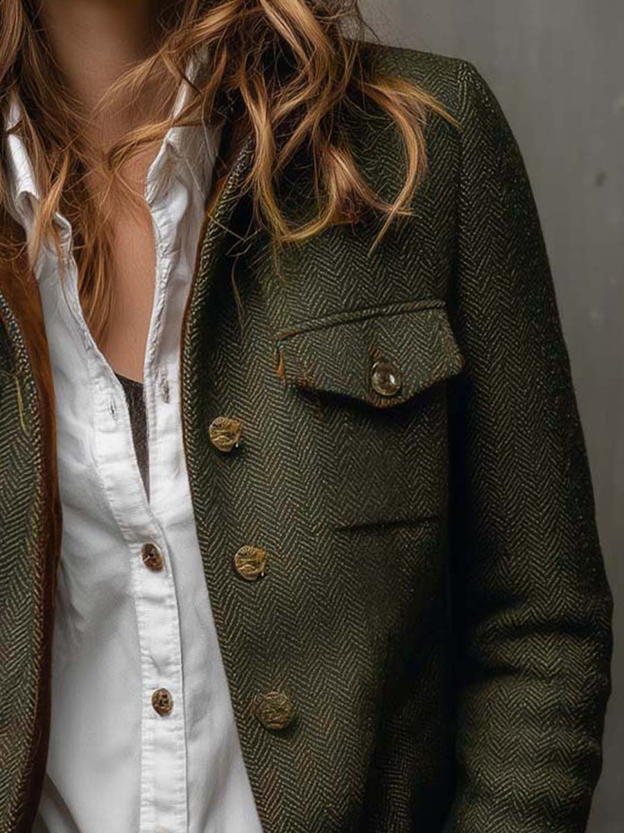 Damen Vintage-Blazer mit Fischgrätmuster und Kontrastbesatz