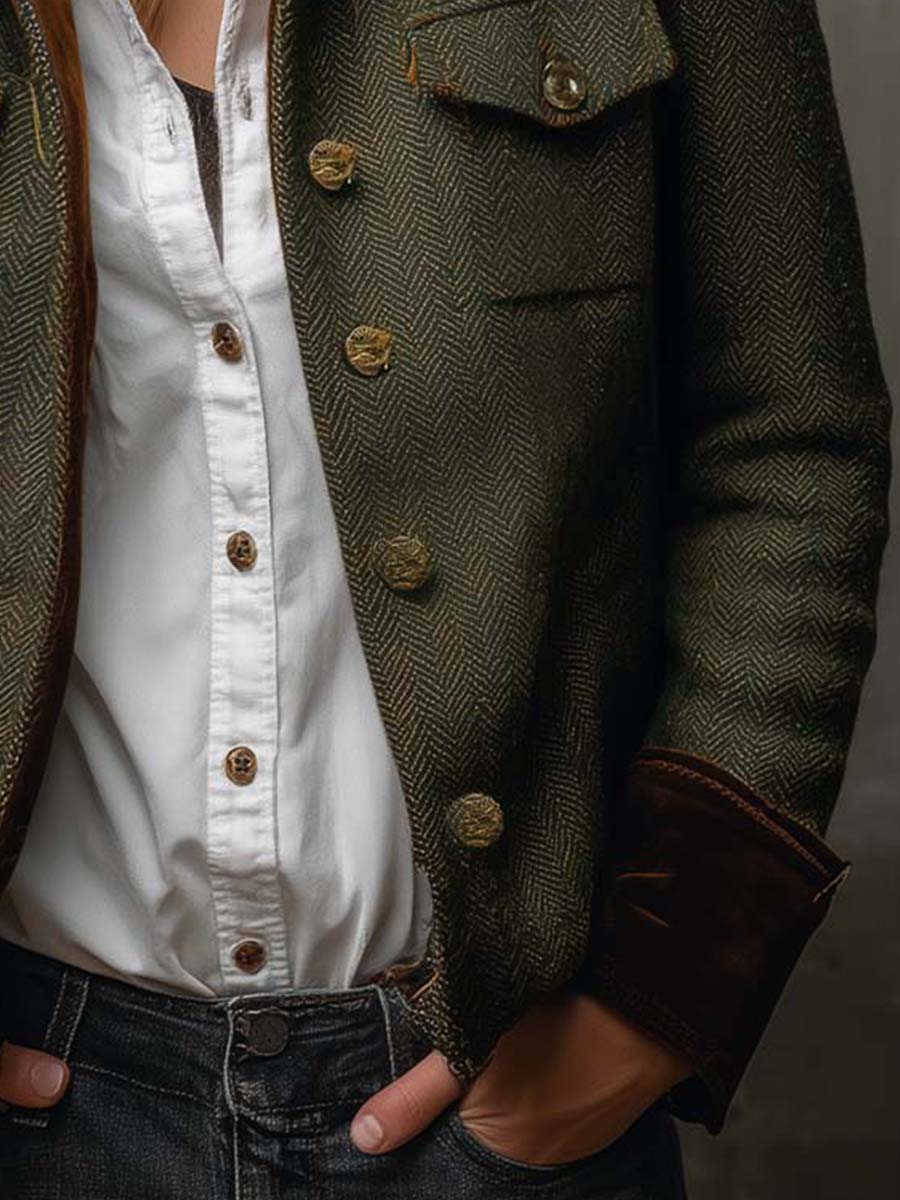 Damen Vintage-Blazer mit Fischgrätmuster und Kontrastbesatz