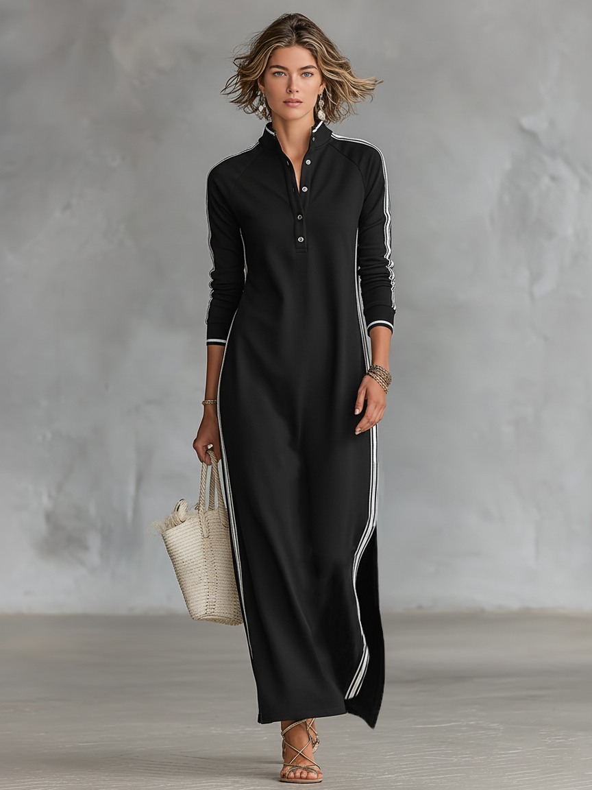 Damen Maxi Sweatkleid mit Button-Down-Kragen und weißem Rand