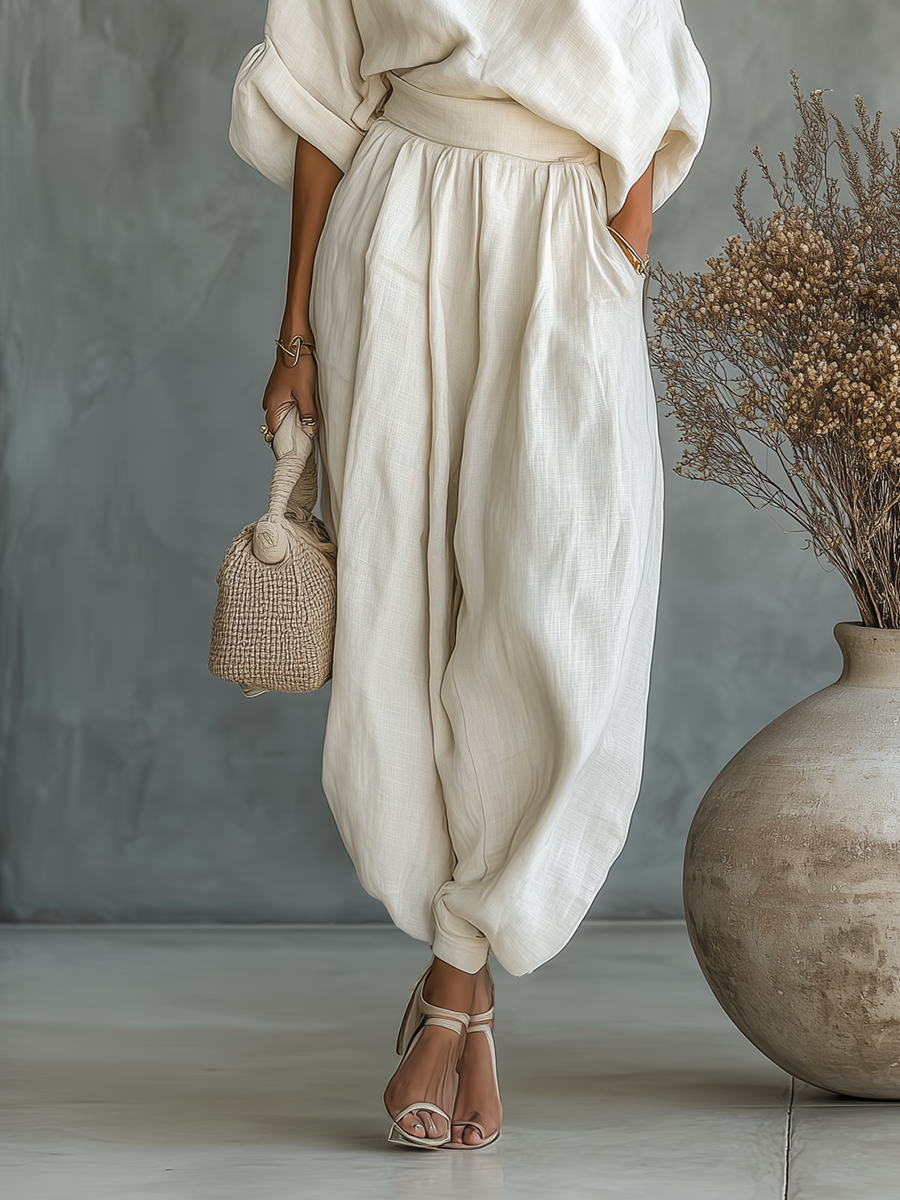 Set für Frauen aus Leinen in Weiß mit Bardot-Ausschnitt und Tapered Pants