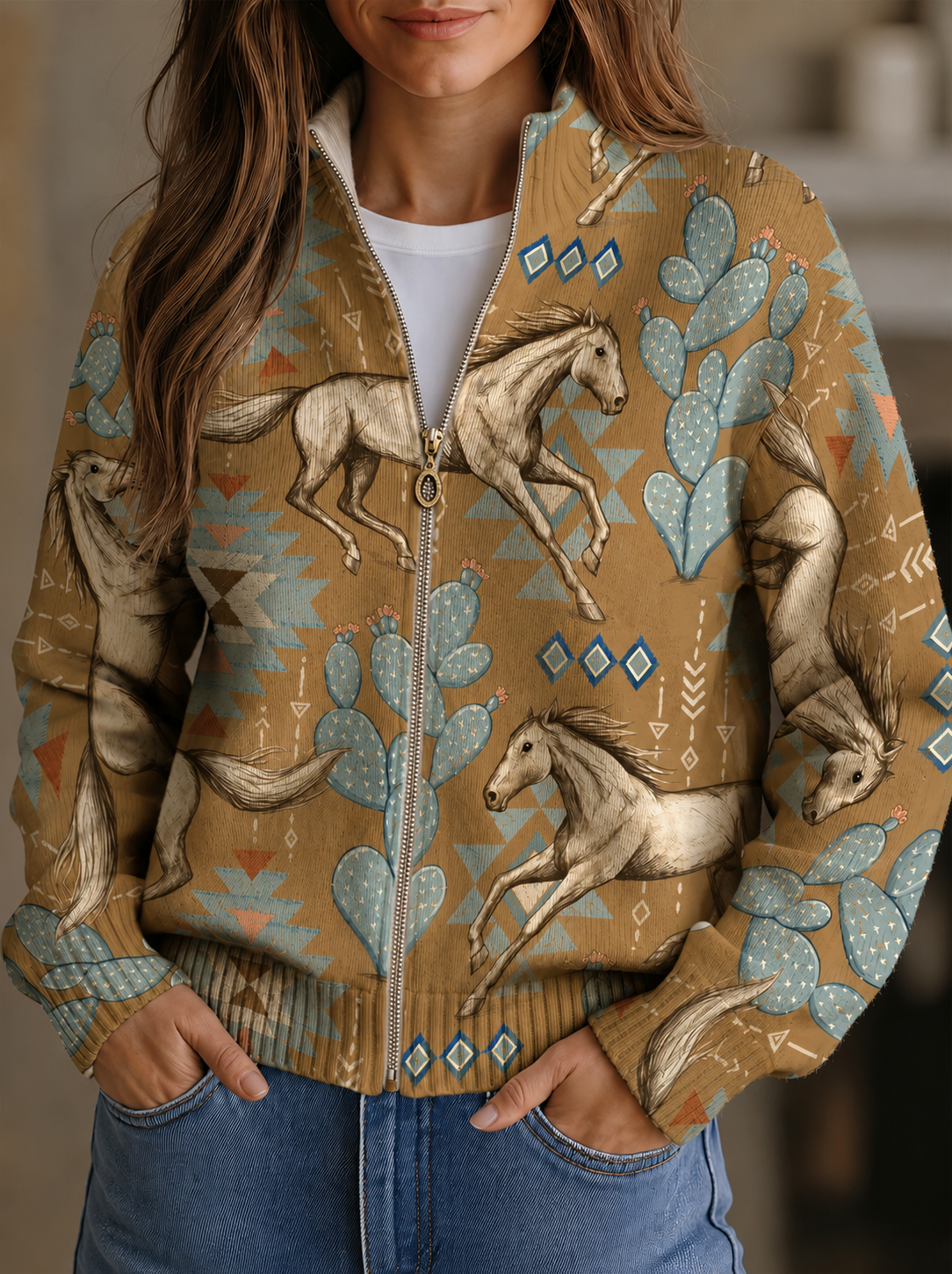 Perpetua™ | Reißverschluss-Cardigan mit Wüstenpferd- und Kaktusmotiv
