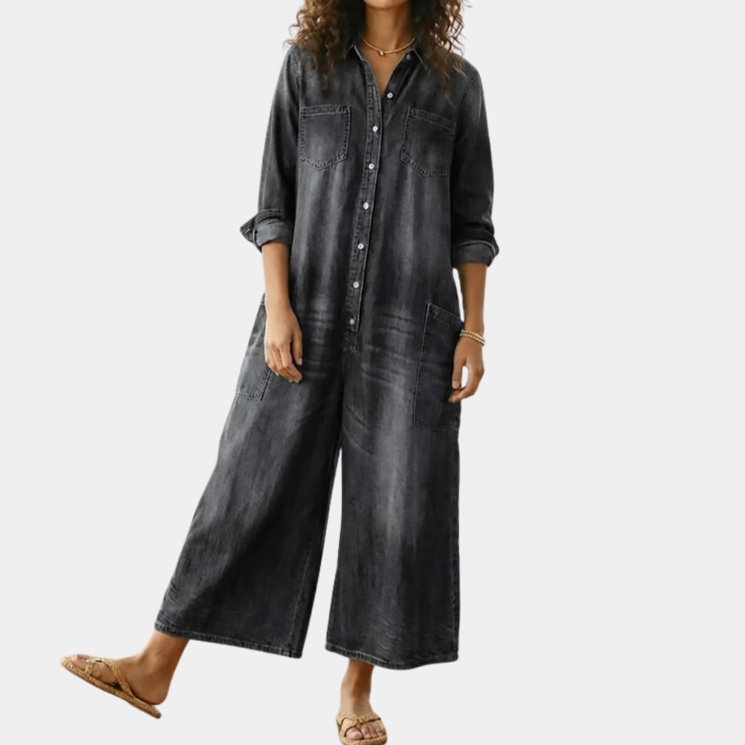 Diana | Vintage Washed Soft Cotton Denim Jumpsuit mit Knopfverschluss