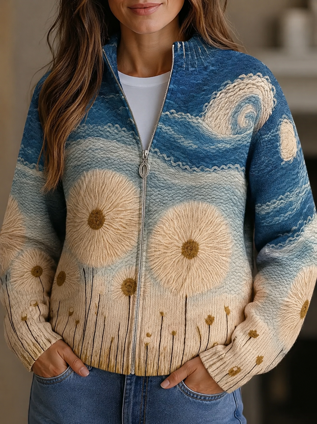 Yolanda™ | Gesteppter Cardigan mit Löwenzahnwiesen-Motiv