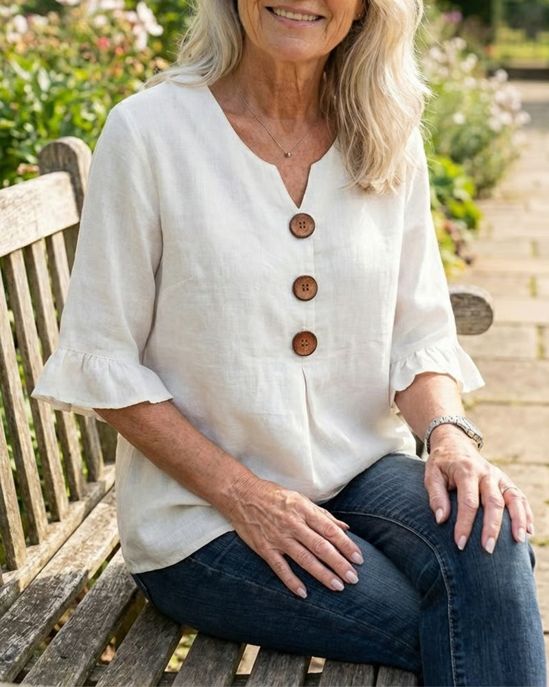 Sophia – Einfarbige Baumwoll-Leinen-Bluse mit Holzknöpfen und Volants