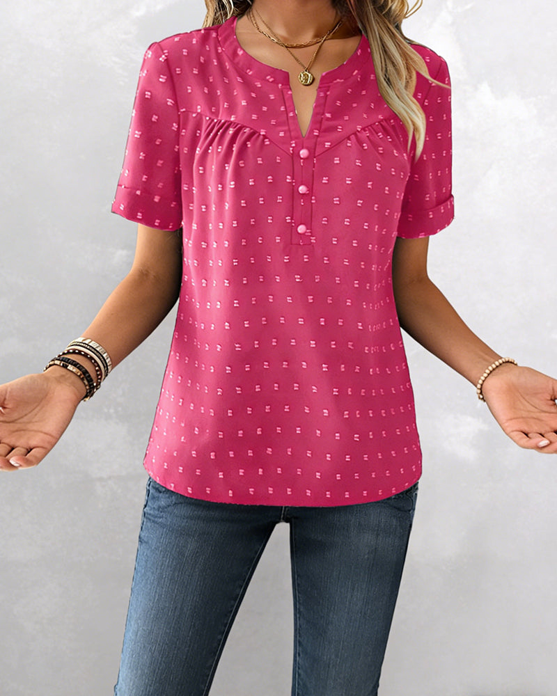 Jacquard-Bluse mit V-Ausschnitt, Halbknopfleiste und kurzen Ärmeln