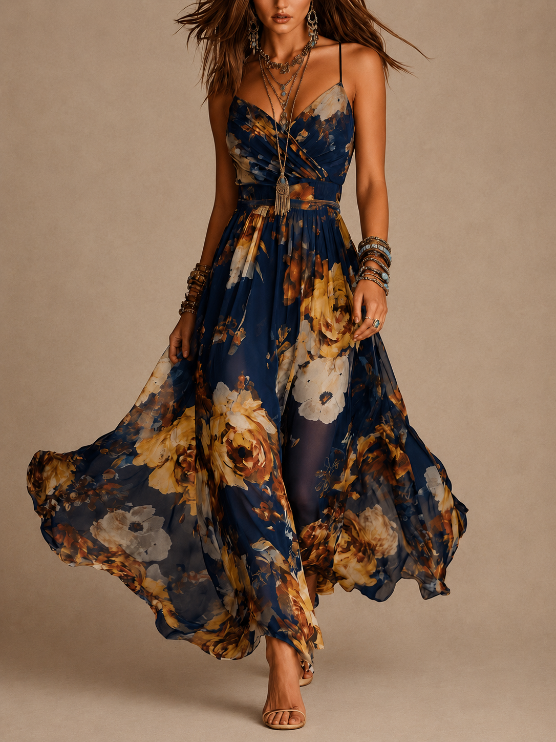 Rosine | Langes geblümtes Kleid mit Spaghettiträgern