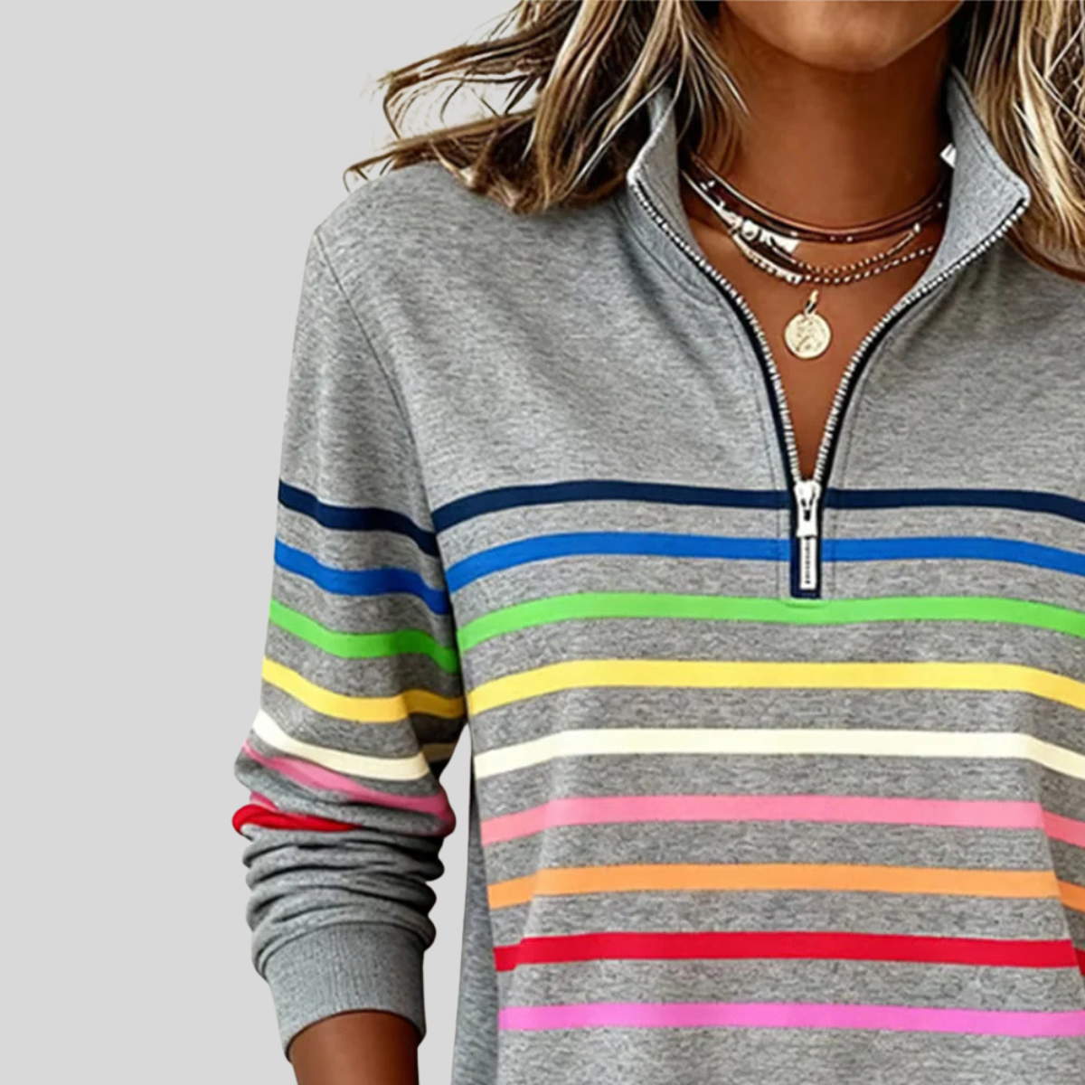 Prismette™ | Bunt gestreiftes Sweatshirt mit Viertelreißverschluss