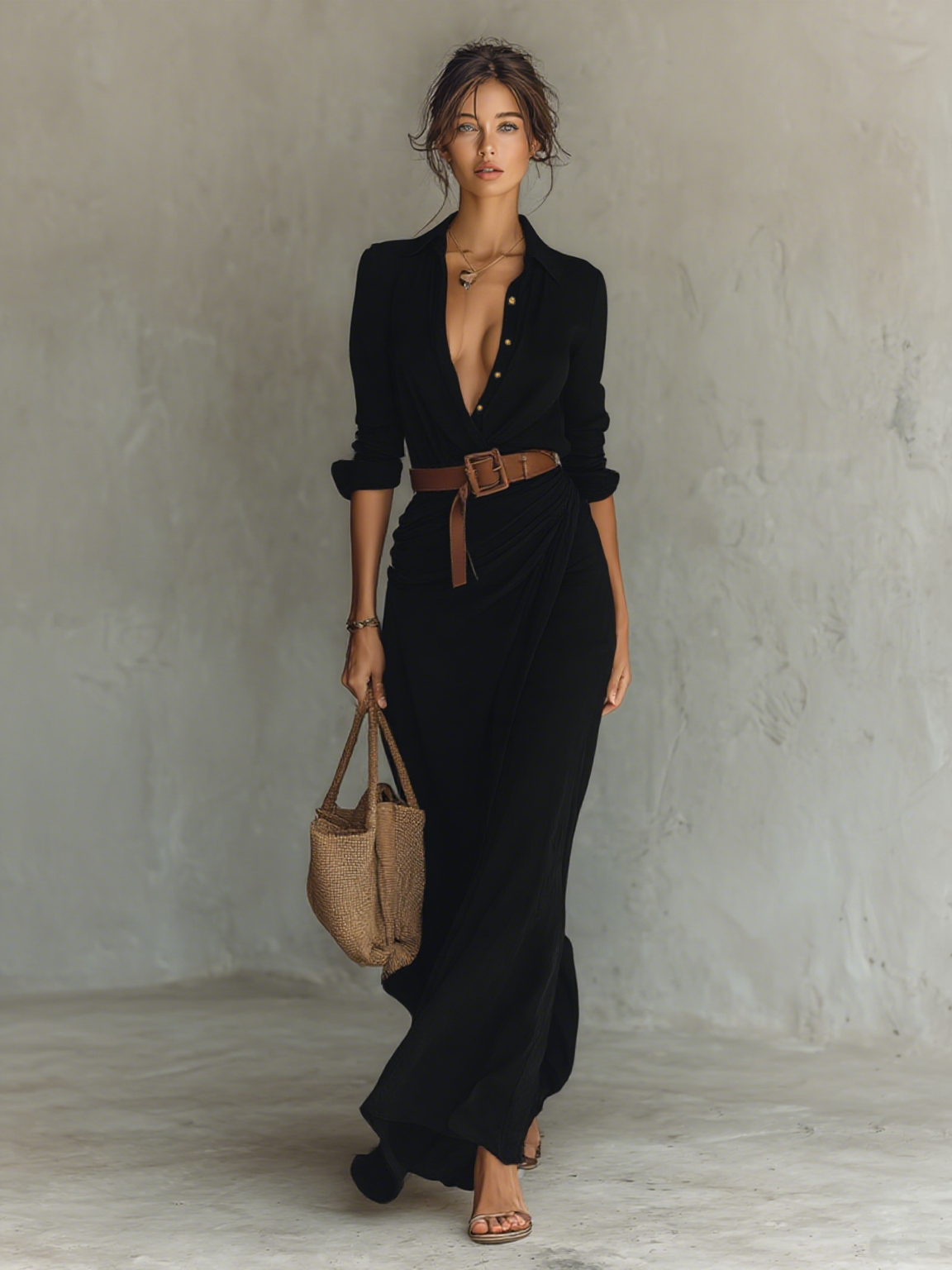 Maxi-Kleid mit Reverskragen und langen Ärmeln für Damen