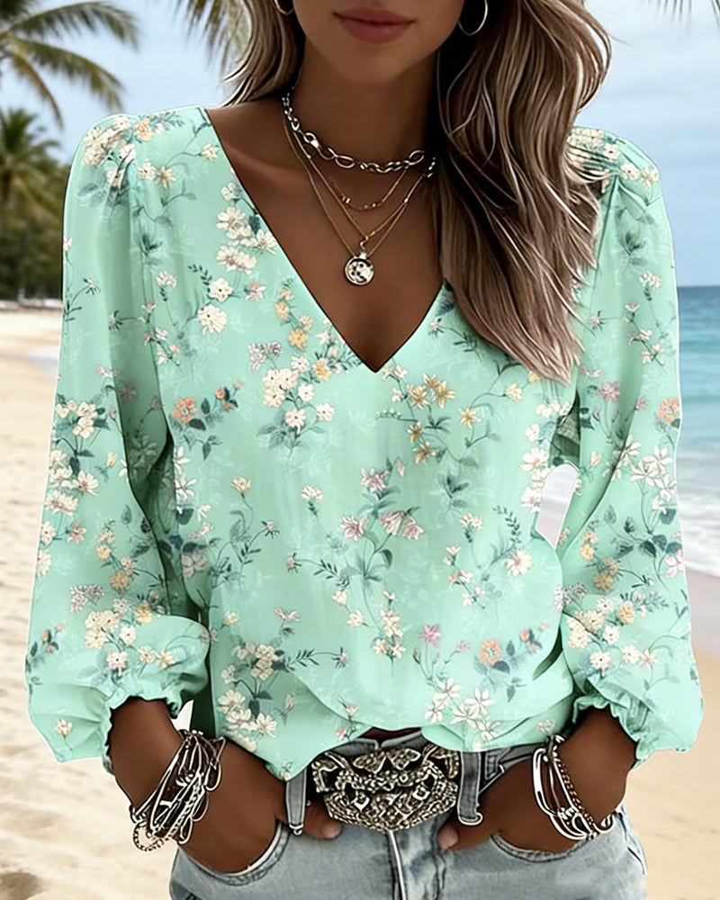Florale Bluse V-Ausschnitt Puffärmel