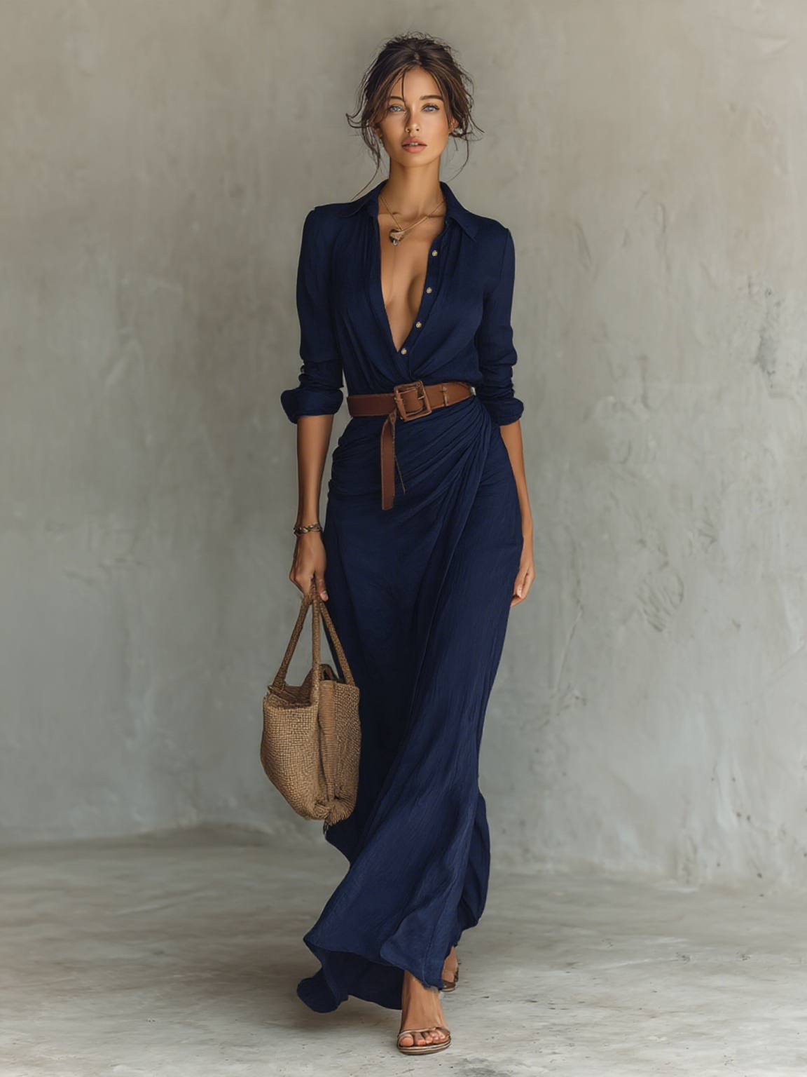 Maxi-Kleid mit Reverskragen und langen Ärmeln für Damen