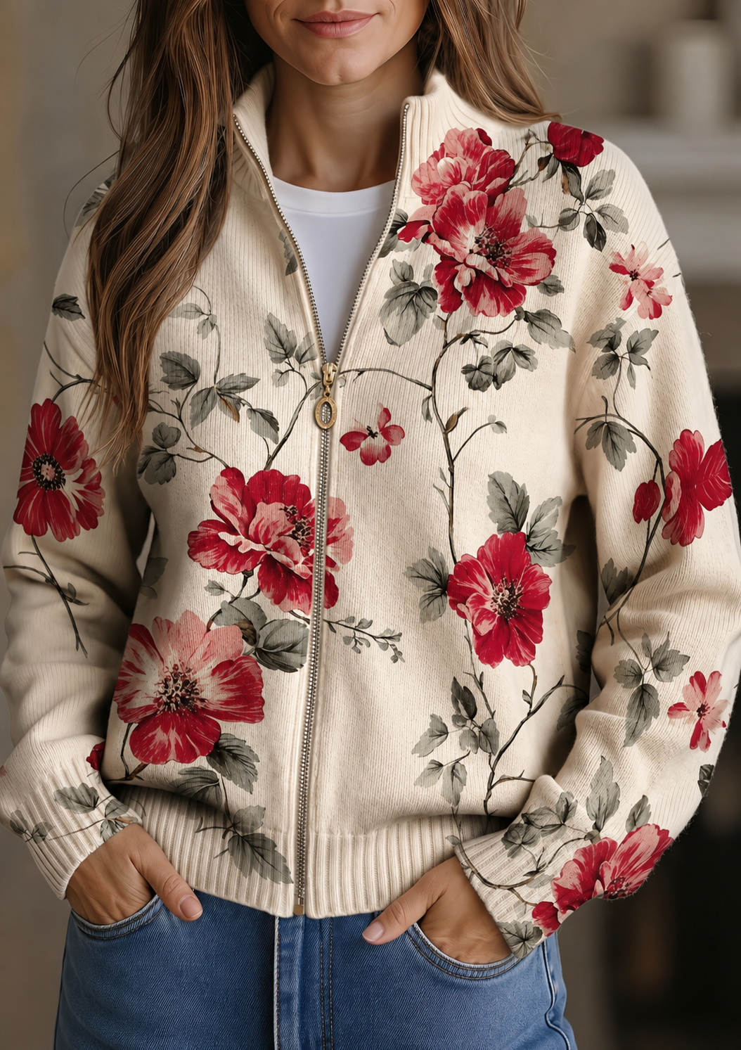 Wilhelmine™ | Reißverschluss-Cardigan mit Vintage-Rosenprint