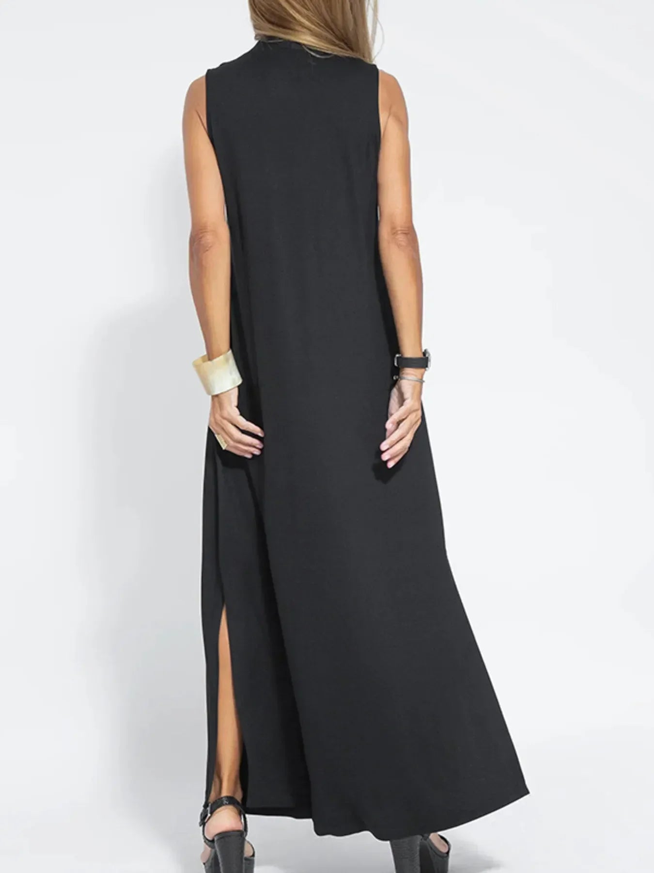 Ärmelloses Maxikleid mit V-Ausschnitt und Schlitz Große Größen