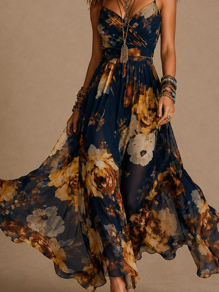 Rosine | Langes geblümtes Kleid mit Spaghettiträgern