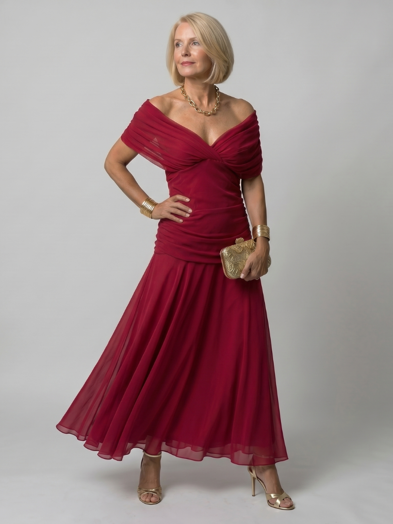 Calen | Schulterfreies fließendes Midikleid
