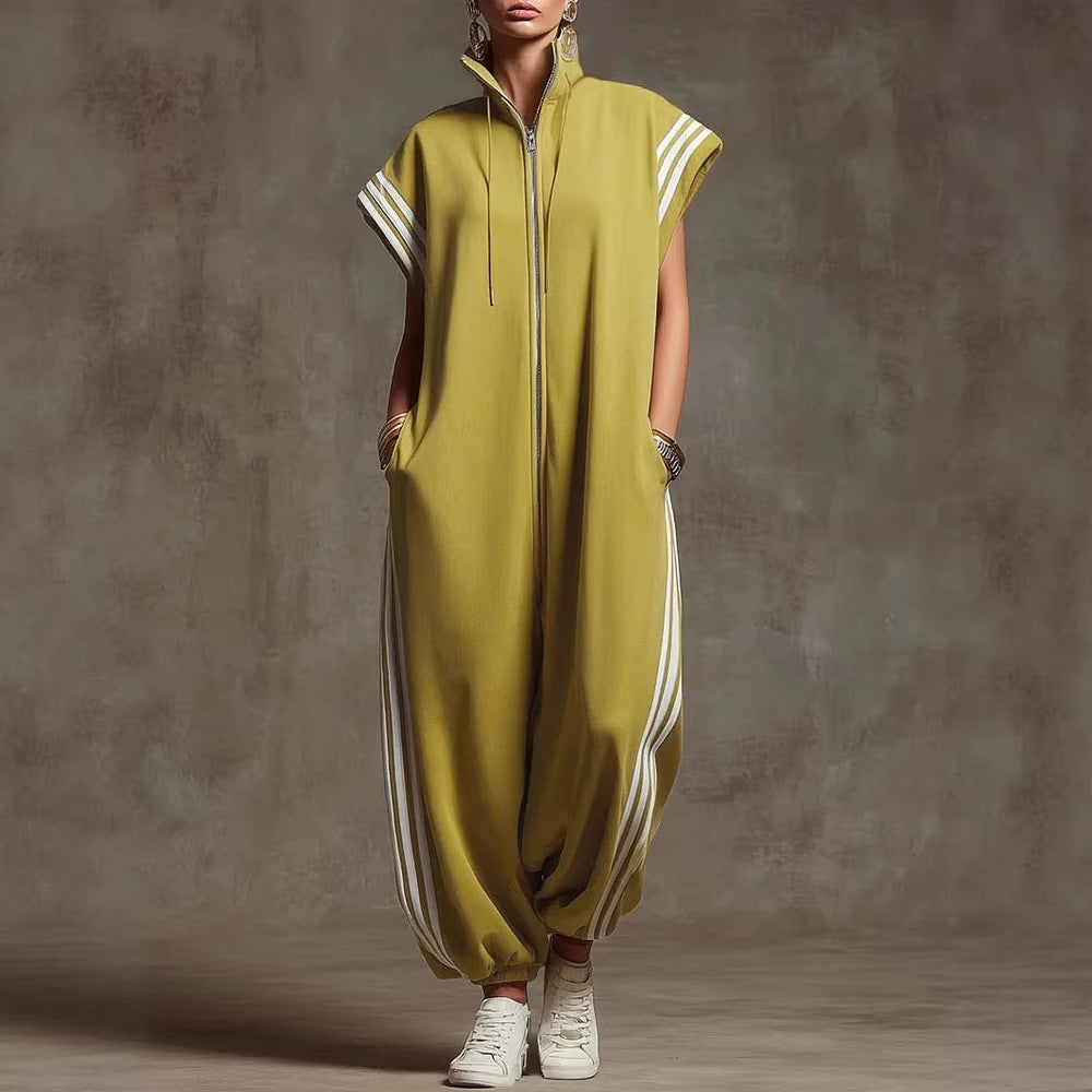 Elvara™ | Gestreifter Jumpsuit in Kontrastfarben mit Stehkragen und Reissverschluss