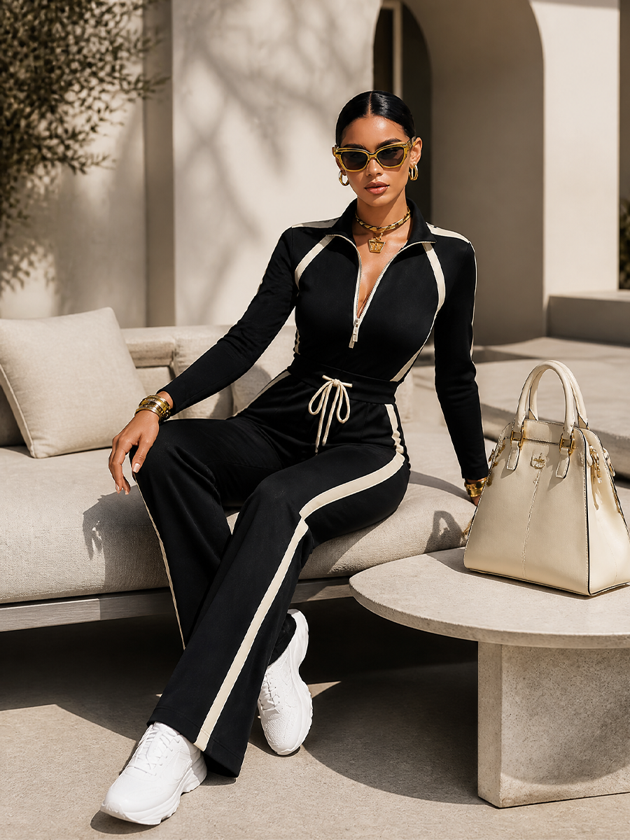 Monique | Schwarzes Jogging-Set mit Kontraststreifen, Half-Zip-Oberteil und weiter Kordelzughose