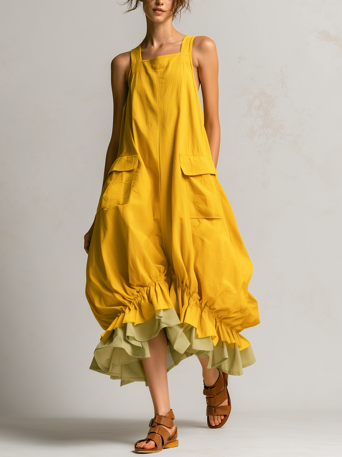 Danielle | Ärmelloses Ballon-Midikleid mit großen Taschen, Lagen und Volantsaum