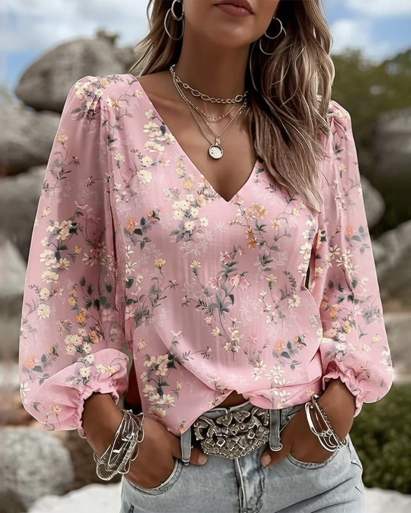 Florale Bluse V-Ausschnitt Puffärmel