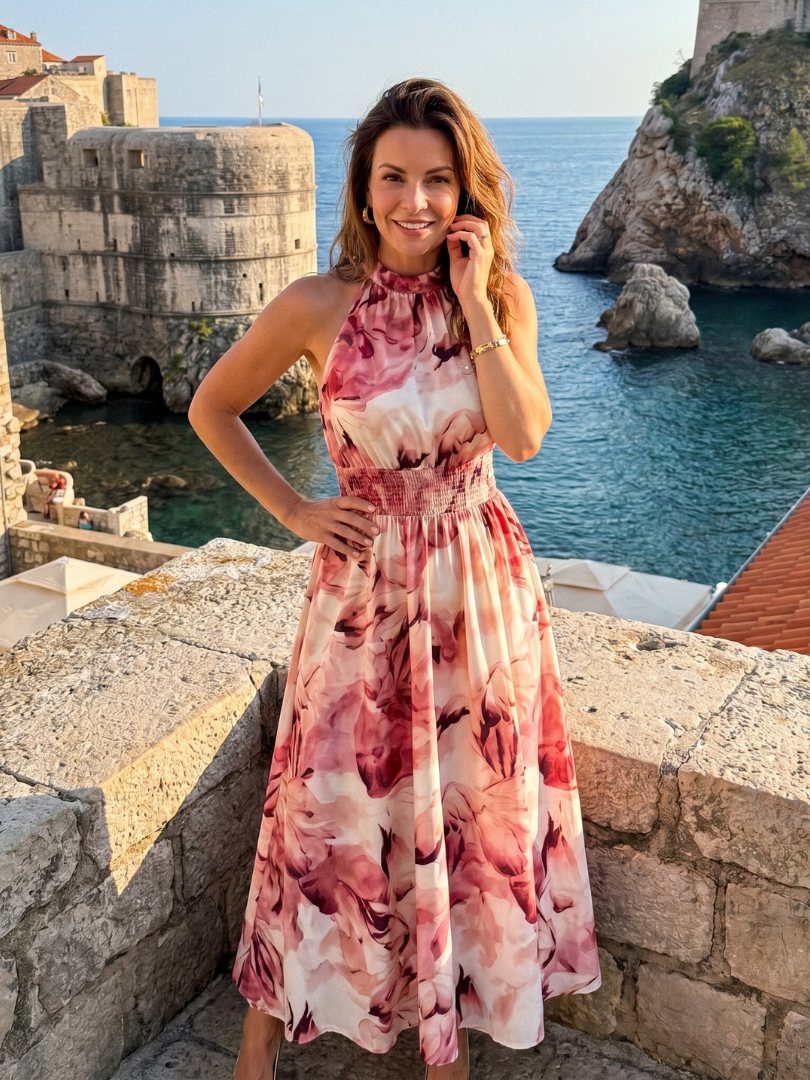 Olivia | Abstraktes Midikleid mit geraffter Taille