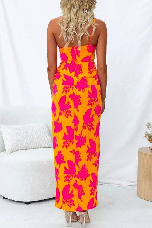 Langes One-Shoulder-Kleid mit Seitenschlitz und elegantem Druck