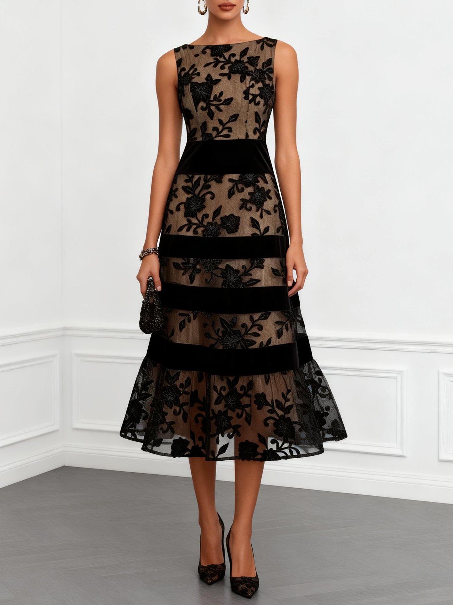 Estelle | Ärmelloses Midikleid aus floralem Mesh