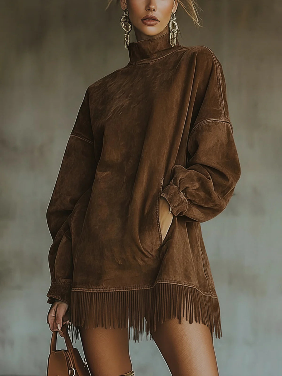 Sophia™ | Hochgeschlossenes Wildleder-Fransen-Minikleid