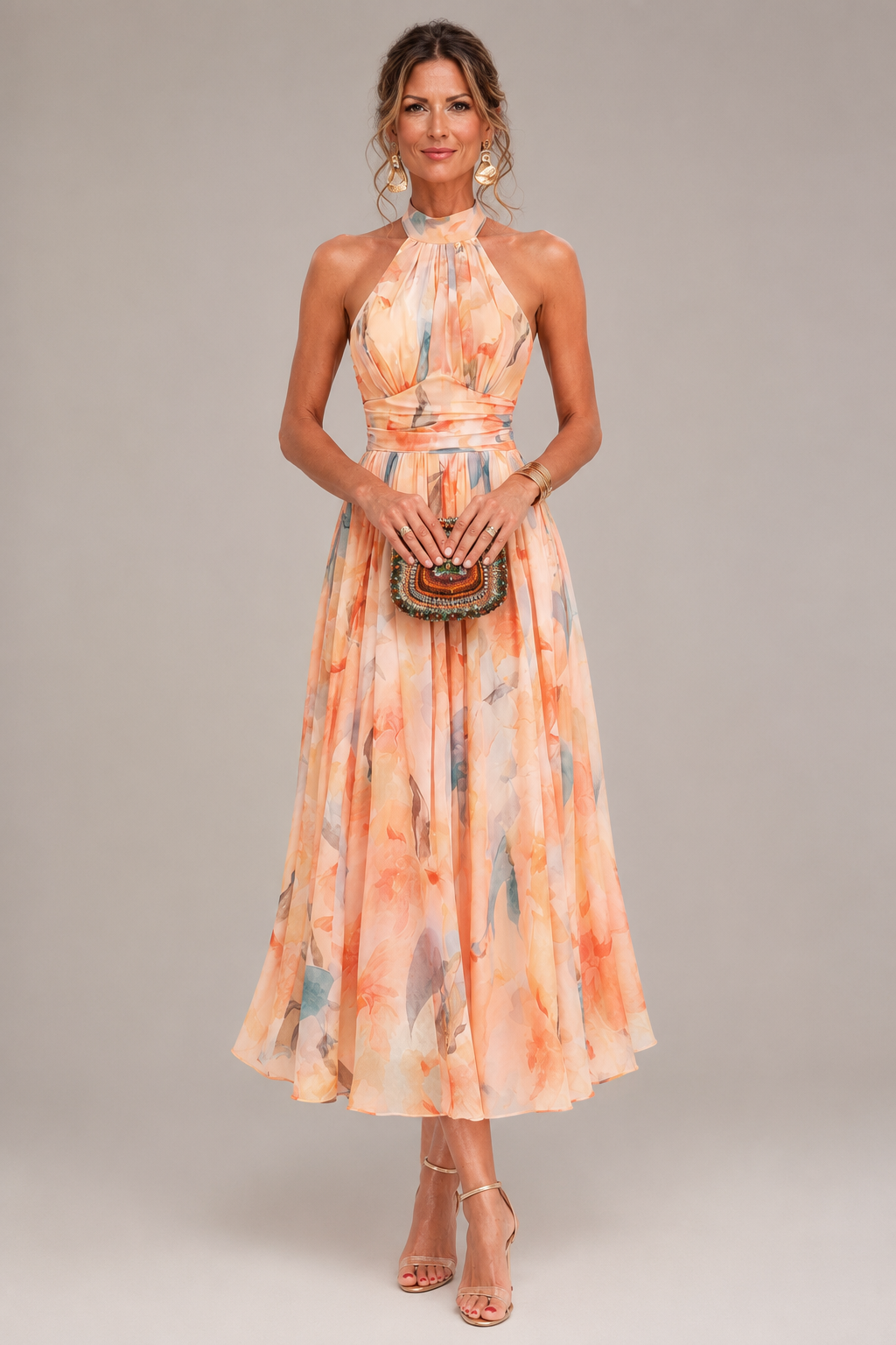 Aurore | Neckholder-Maxikleid mit Aquarellprint