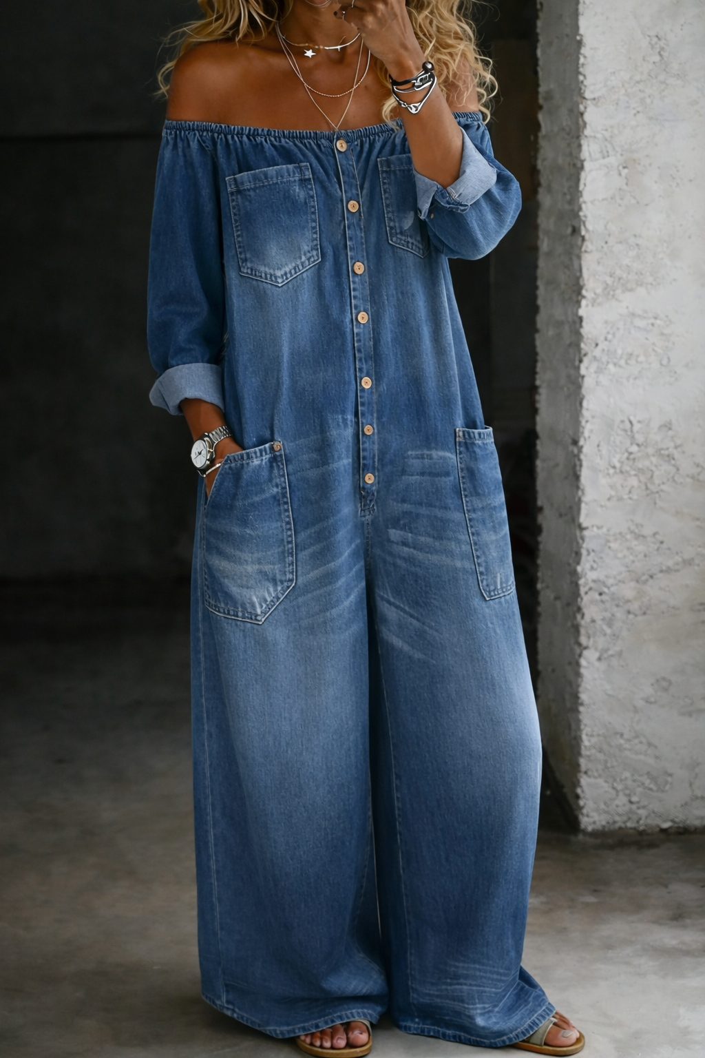 Elena | Schulterfreier langärmeliger Jumpsuit