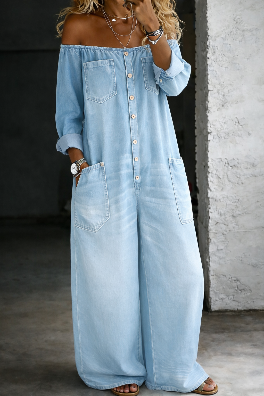 Elena | Schulterfreier langärmeliger Jumpsuit