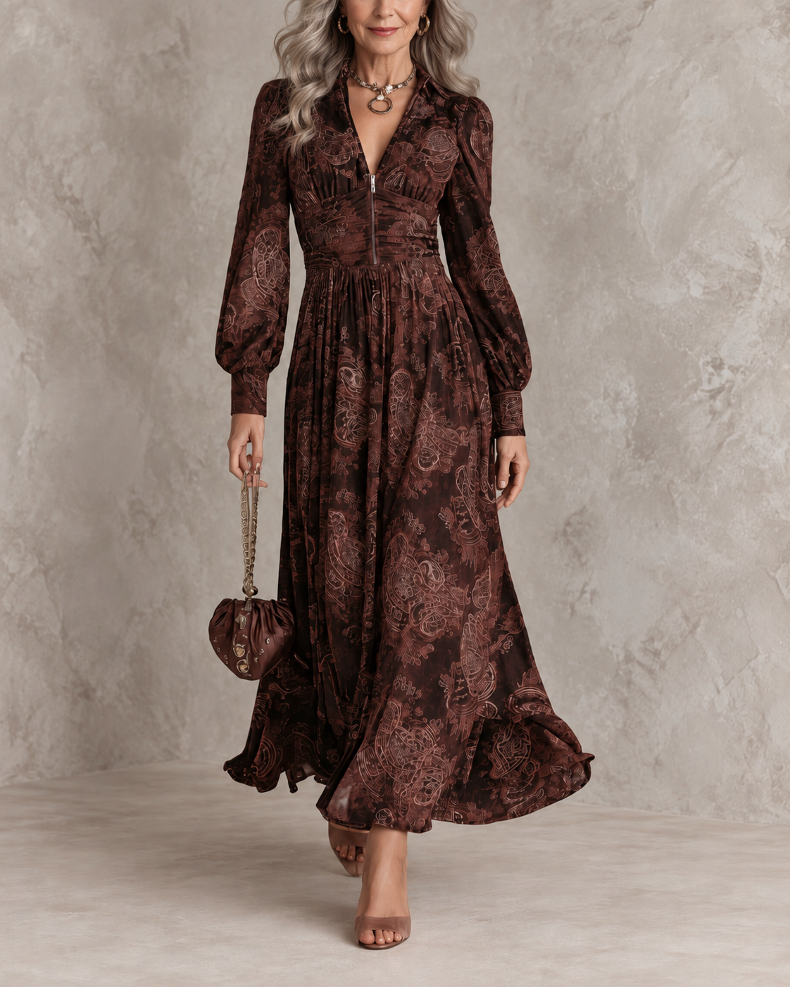 ELOISE | PAISLEY-MAXIKLEID MIT REISSVERSCHLUSS UND TAILLENBUND