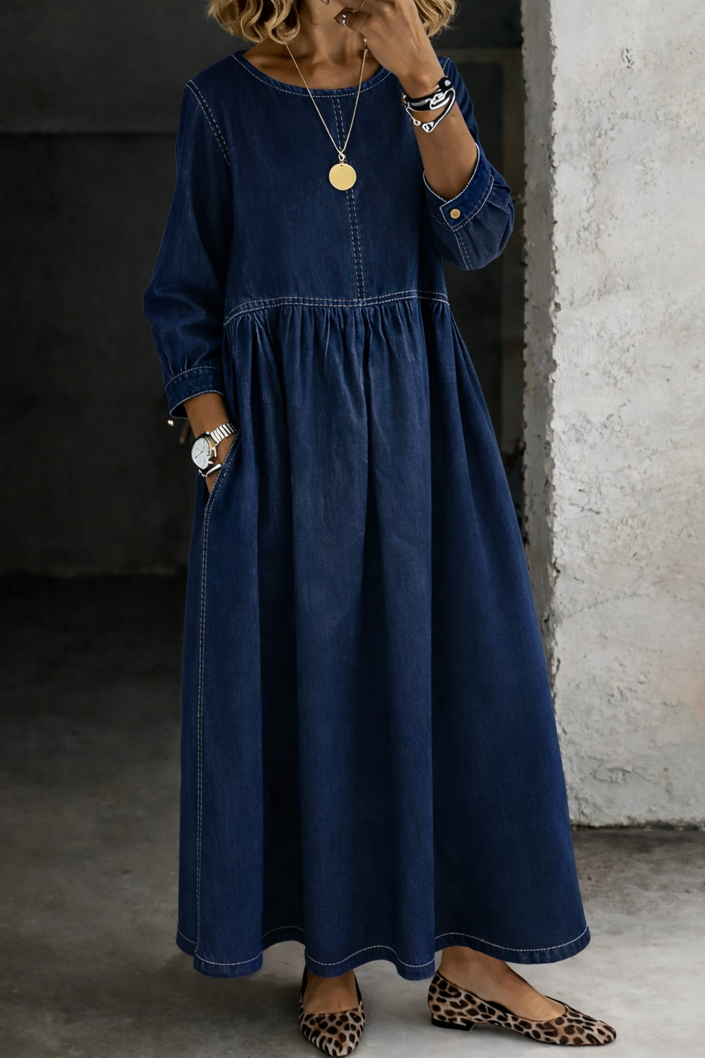 Melissa | Rundhalsausschnitt Langärmeliges Denim-Kleid