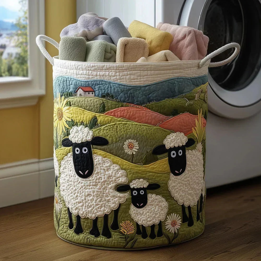 Gepolsterter Korb mit kuschelnden Schafen