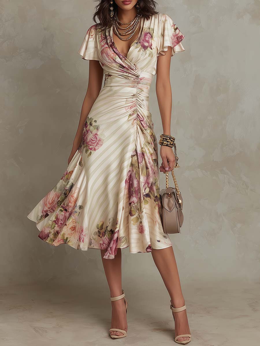 Alba™ | Elegantes Midikleid aus Retro-Satin mit Blumenmuster