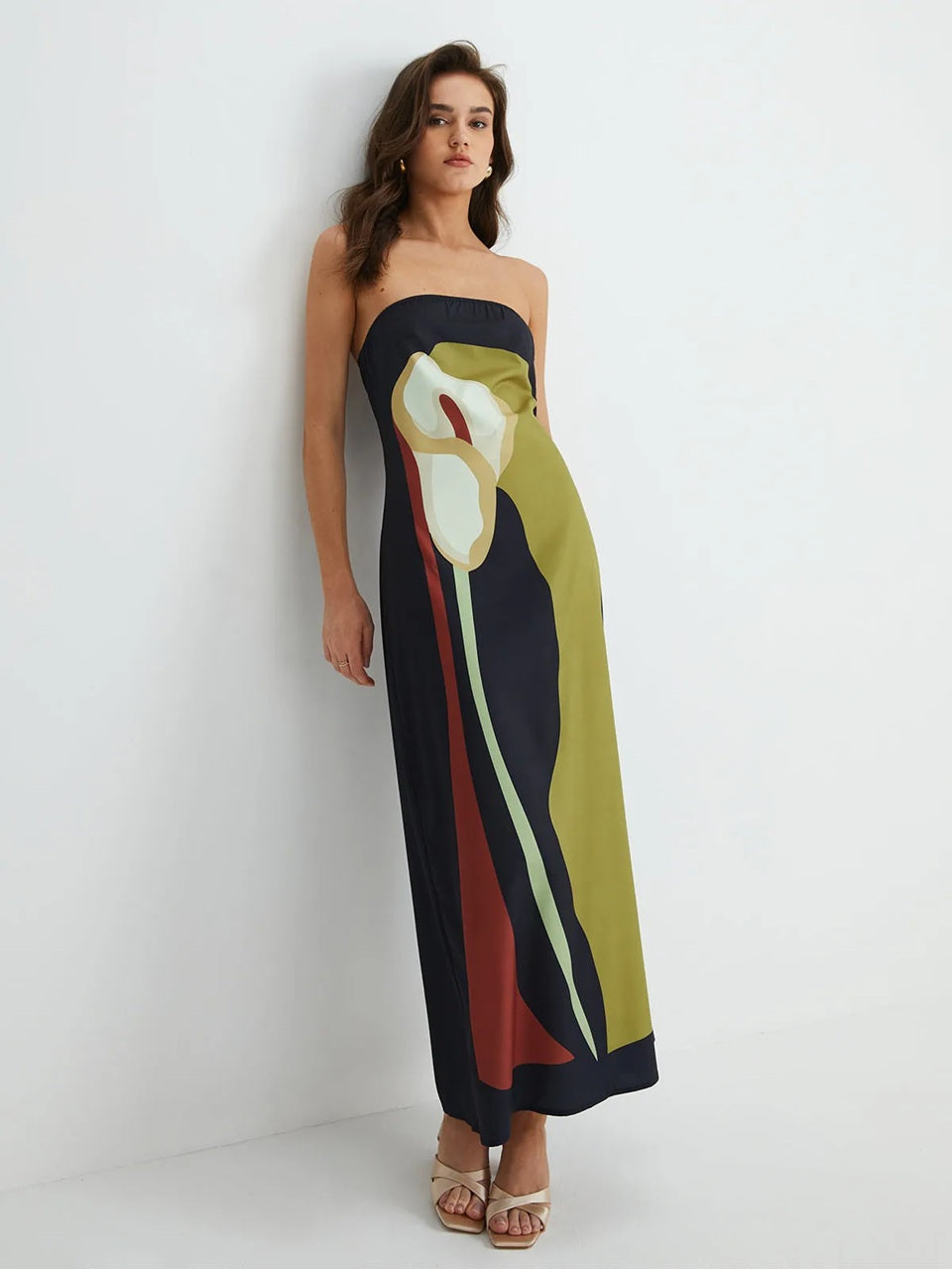 Trägerloses langes Kleid mit Colour Blocking