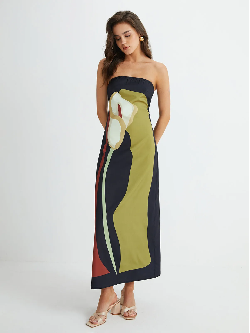 Trägerloses langes Kleid mit Colour Blocking
