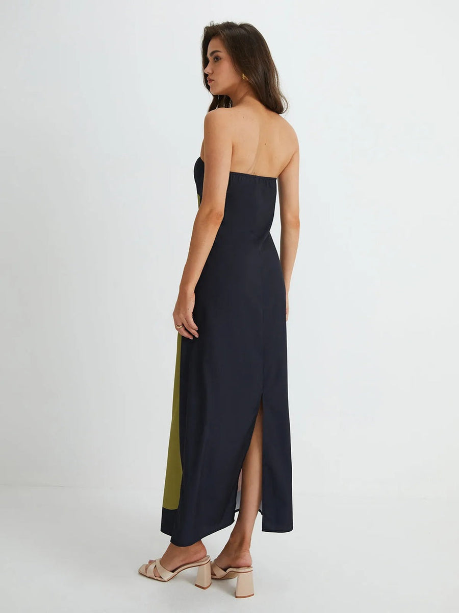 Trägerloses langes Kleid mit Colour Blocking